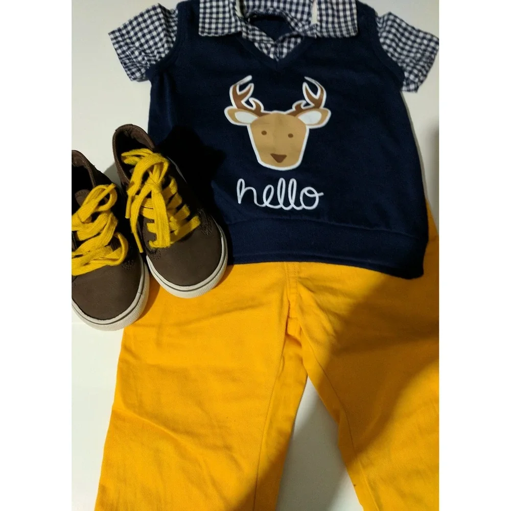 Boys toddler clothes 3 piece suit size 24 months blue/ yellow brown high tops